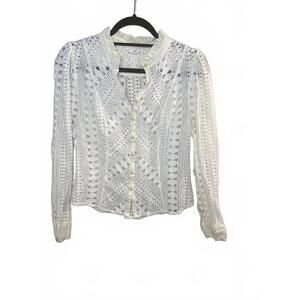 Anthropologie Ivory Lace Button-Up Blouse Ruffle Collar Puff Shoulder Size US 6